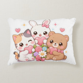かわいい動物の友達 ハートと花の枕 アクセントクッション