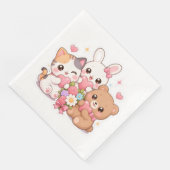  かわいい動物の友達 ハートと花 ペーパーナプキン (コーナー)
