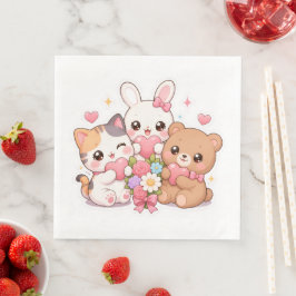 かわいい動物の友達 ハートと花 ペーパーナプキン