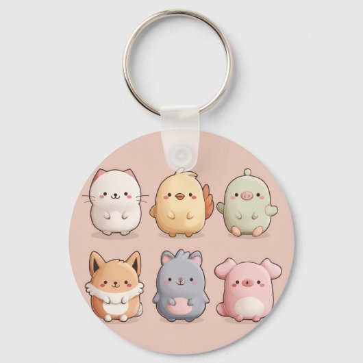 かわいい動物の壁掛け時計 - 愛らしいアニメ風の動物デザイン キーホルダー (正面)