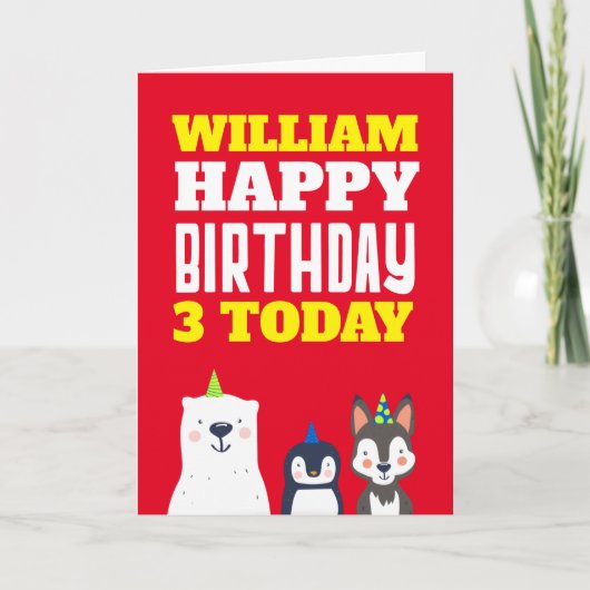 かわいい動物の子供たち任意の年齢名レッド誕生日カード カード (正面)
