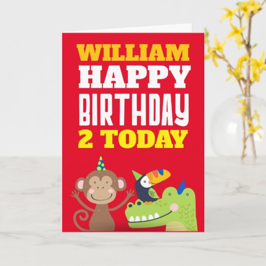 かわいい動物の子供たち任意の年齢名レッド誕生日カード カード (黄色い花)