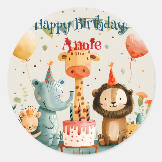 かわいい動物の子供のデザインと誕生日の要素 ラウンドシール (正面)