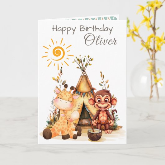 かわいい動物の子供の誕生日カード カード (黄色い花)