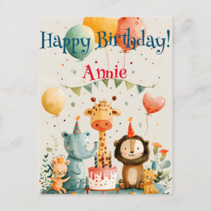 かわいい動物の子供向けデザインに誕生日要素を添えて ポストカード