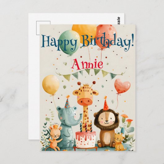 かわいい動物の子供向けデザインに誕生日要素を添えて ポストカード (正面/裏面)