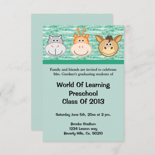 かわいい動物の幼稚園か幼稚園の卒業 招待状 (正面/裏面)