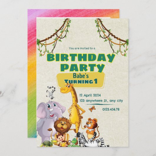 かわいい動物の最初の誕生日の招待 招待状 (正面/裏面)
