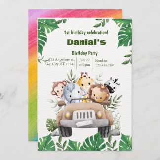かわいい動物の最初の誕生日の招待 招待状
