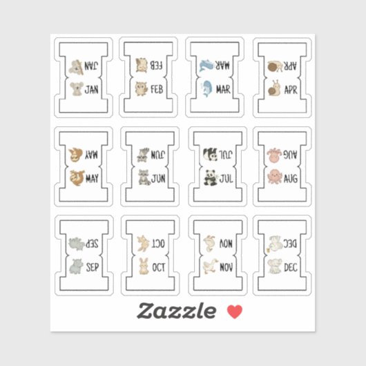 かわいい動物の月別インデックスタブページ区切り折りたたみ シール (シート)