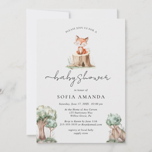 かわいい動物の森のキツネ赤ちゃんシャワー 招待状 (正面)
