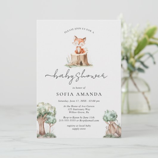 かわいい動物の森のキツネ赤ちゃんシャワー 招待状 (スタンド正面)
