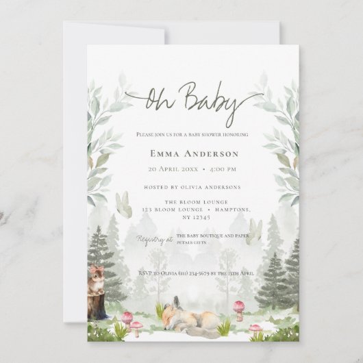 かわいい動物の森の中庭の赤ちゃんシャワー 招待状 (正面)