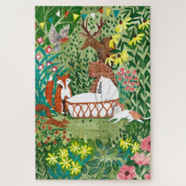 かわいい動物の森の緑の新しい生まれベビーの子供 ジグソーパズル