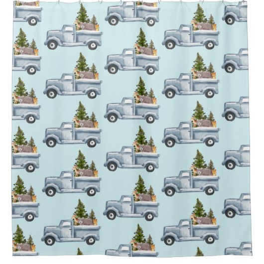 かわいい動物の模様が描かれたクリスマストラック シャワーカーテン (正面)