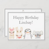 かわいい動物の水彩タイポグラフィー誕生日 ポストカード (正面/裏面)