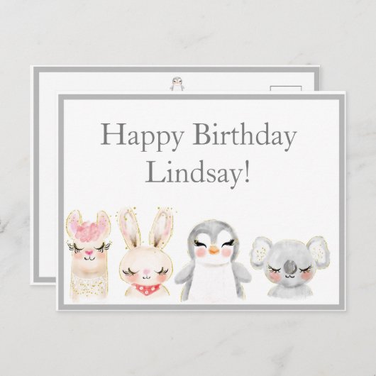 かわいい動物の水彩タイポグラフィー誕生日 ポストカード (正面/裏面)