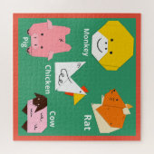 かわいい動物の漫画おもしろいの色セージ緑オレンジ ジグソーパズル (横)