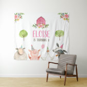 かわいい動物の納屋のバナー ピンクの女の子の誕生日 タペストリー (インサイチュ(横))