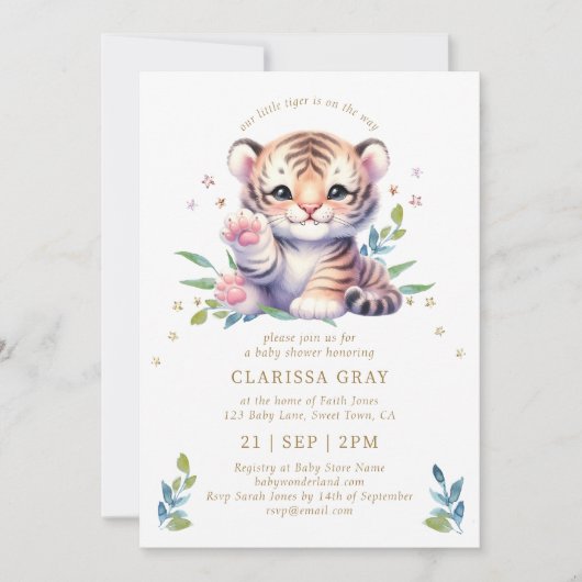 かわいい動物の虎が白い赤ちゃんシャワーを星 招待状 (正面)