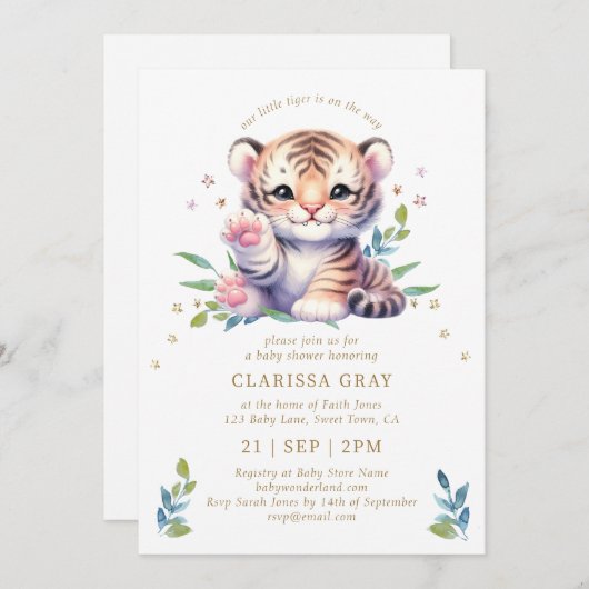 かわいい動物の虎が白い赤ちゃんシャワーを星 招待状 (正面/裏面)