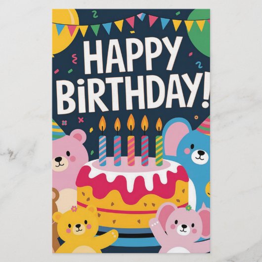かわいい動物の誕生日パーティーデザイン 子供へ 便箋 (正面)