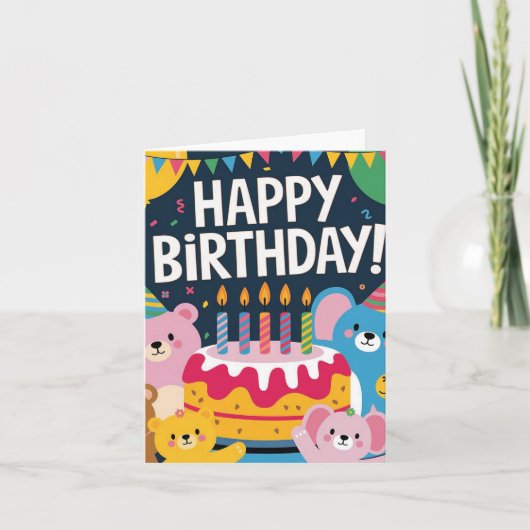 かわいい動物の誕生日パーティーデザイン（子供向け） ノートカード (正面)