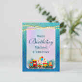 かわいい動物の誕生日電車おめでとうメッセージ ポストカード (スタンド正面)