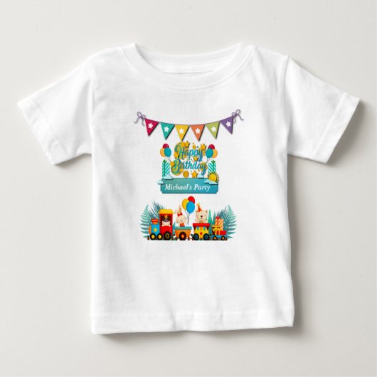 かわいい動物の誕生日電車の願い ベビーTシャツ (正面)