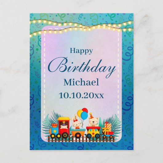 かわいい動物の誕生日電車の願い ポストカード (正面)