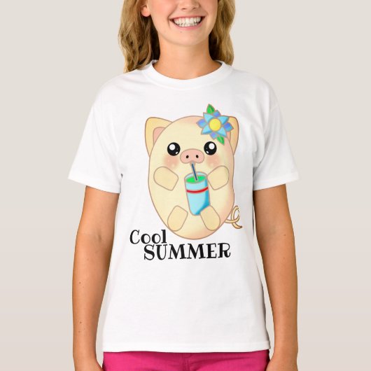 かわいい動物の豚クール夏が幸せ Tシャツ (正面)