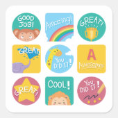 かわいい動物の賞品やる気を起こさせる教室ラベル スクエアシール (正面)