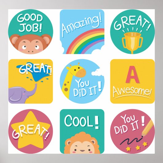 かわいい動物の賞品やる気を起こさせる教室ラベル ポスター (正面)