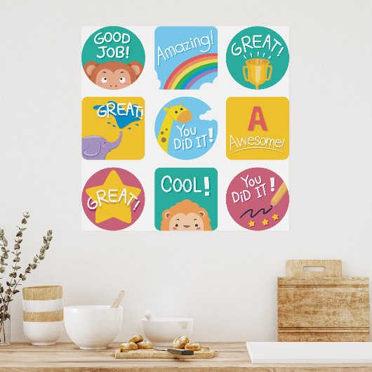 かわいい動物の賞品やる気を起こさせる教室ラベル ポスター (キッチン)