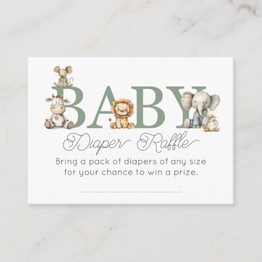 かわいい動物の赤ちゃんシャワーおむつラッフル エンクロージャーカード (正面)