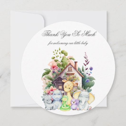 かわいい動物の赤ちゃんシャワーサンキューカード |丸 (正面)