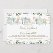 かわいい動物の車が赤ちゃんシャワーで緑にドライブ 招待状 (正面)