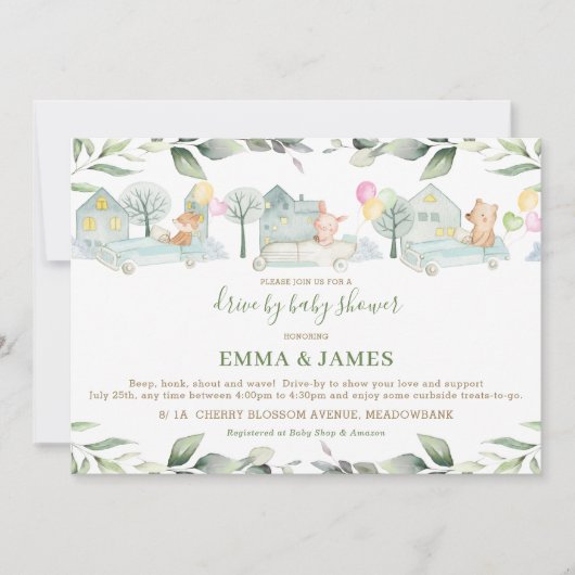 かわいい動物の車が赤ちゃんシャワーで緑にドライブ 招待状 (正面)