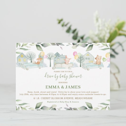 かわいい動物の車が赤ちゃんシャワーで緑にドライブ 招待状 (スタンド正面)