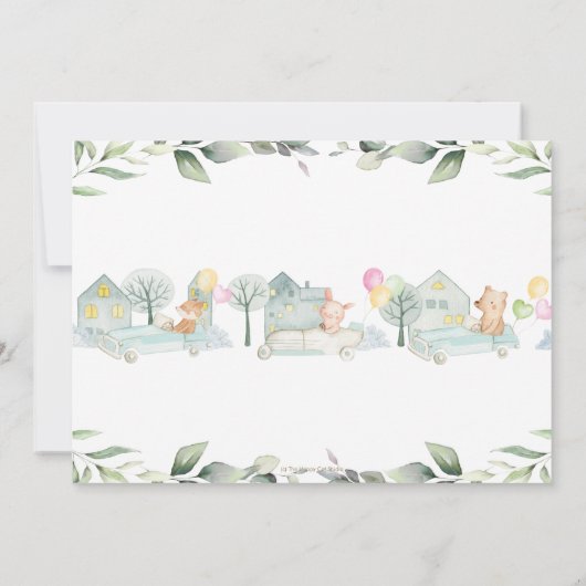 かわいい動物の車が赤ちゃんシャワーで緑にドライブ 招待状 (裏面)