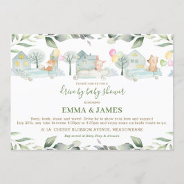 かわいい動物の車が赤ちゃんシャワーで緑にドライブ 招待状