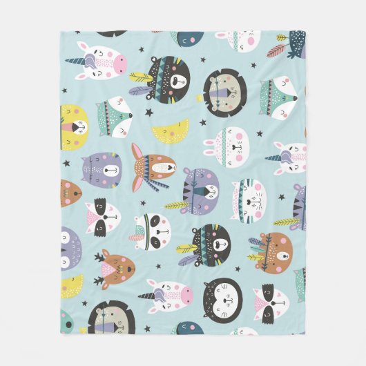 かわいい動物の部族:ボホパターン フリースブランケット (正面)