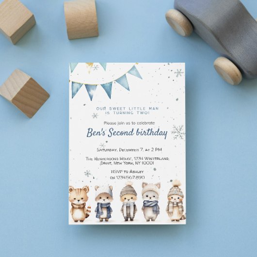 かわいい動物の青い冬のカスタム誕生日パーティー 招待状