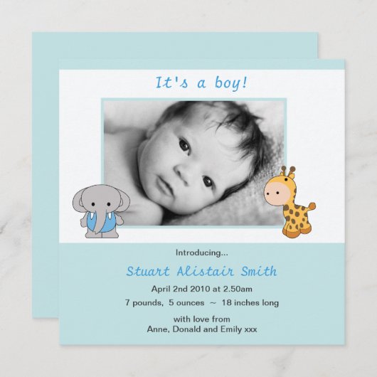 かわいい動物の青い男の赤ちゃんの写真の発表 案内状 (正面/裏面)