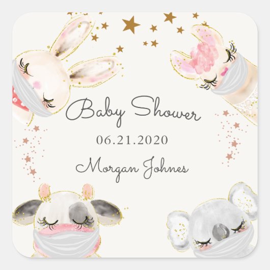 かわいい動物の顔マスクベビーシャワーモノグラム スクエアシール (正面)