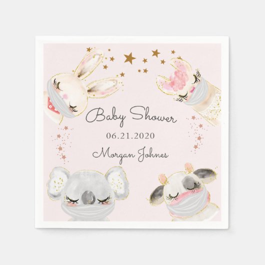 かわいい動物の顔マスク赤ちゃんシャワーモノグラム スタンダードカクテルナプキン (正面)