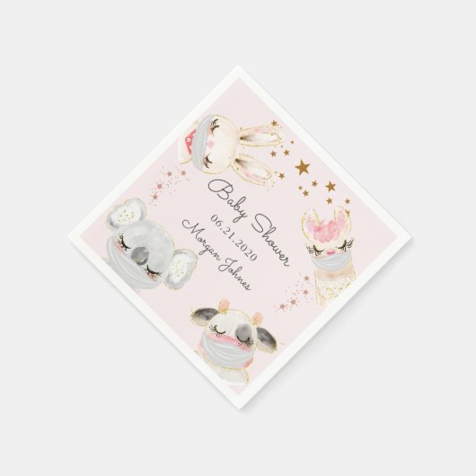 かわいい動物の顔マスク赤ちゃんシャワーモノグラム スタンダードカクテルナプキン (角)