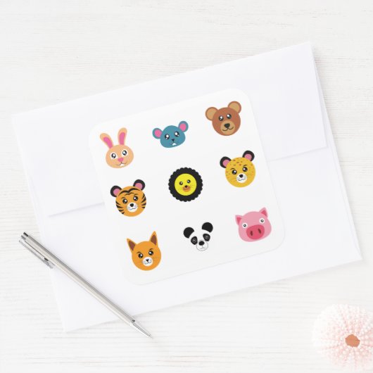 かわいい動物の顔 スクエアシール (封筒)