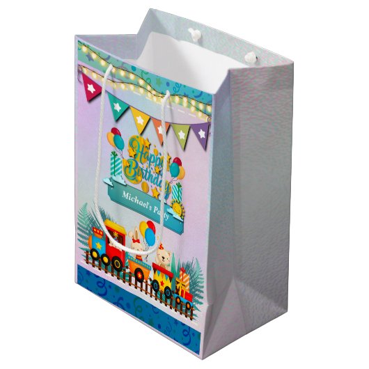 かわいい動物の願いを込めたハッピーバースデー列車 ミディアムペーパーバッグ (正面アングル)