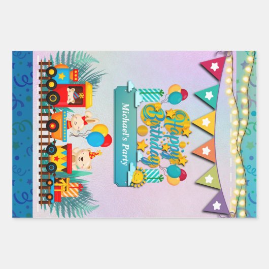 かわいい動物の願いを込めたハッピーバースデー列車 ラッピングペーパーシート (正面)